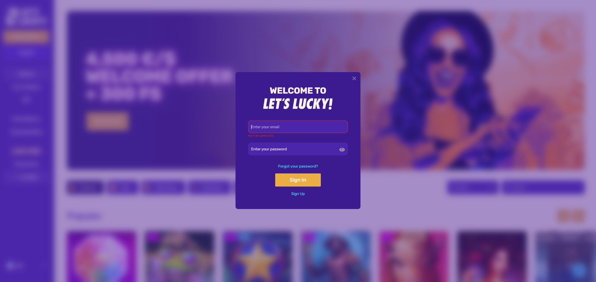 Lets Lucky Login Interface